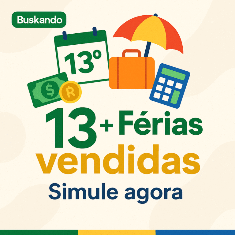 Simular 13º salário com férias vendidas: calendário 13º, dinheiro, mala, guarda-sol e calculadora — Buskando.