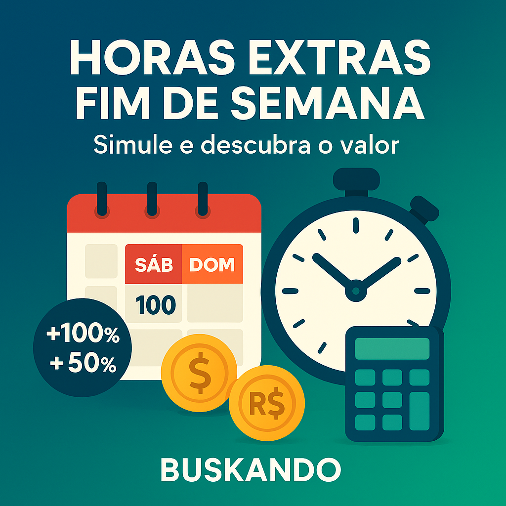 Simular horas extras com adicional de fim de semana: calendário Sáb/Dom, relógio, calculadora e moedas