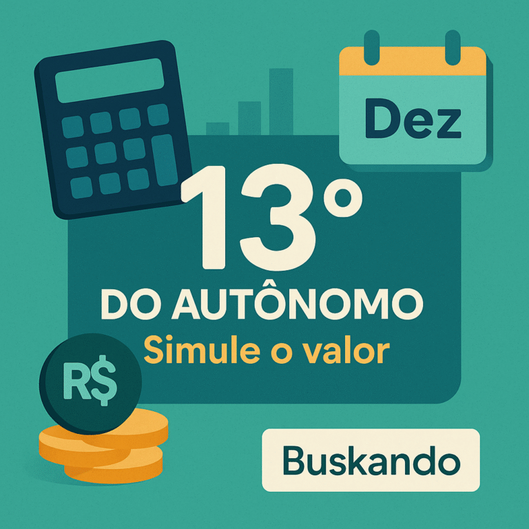 Simular valor exato do 13º para autônomos: arte com “13º do autônomo — simule o valor”, calculadora, calendário “Dez” e moedas, destacando a calculadora do Buskando.