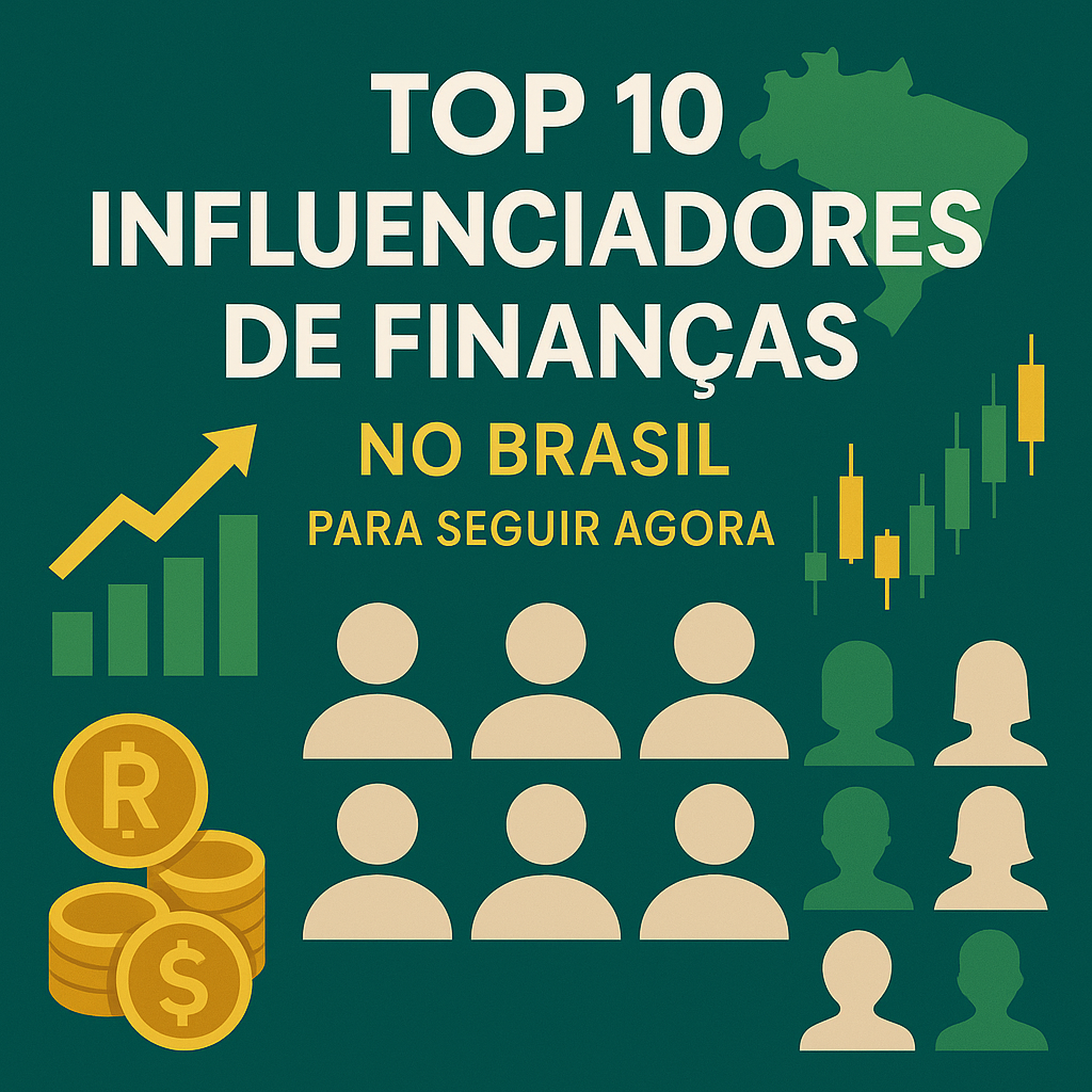 Top 10 influenciadores de finanças no Brasil com gráficos, moedas e ícones.
